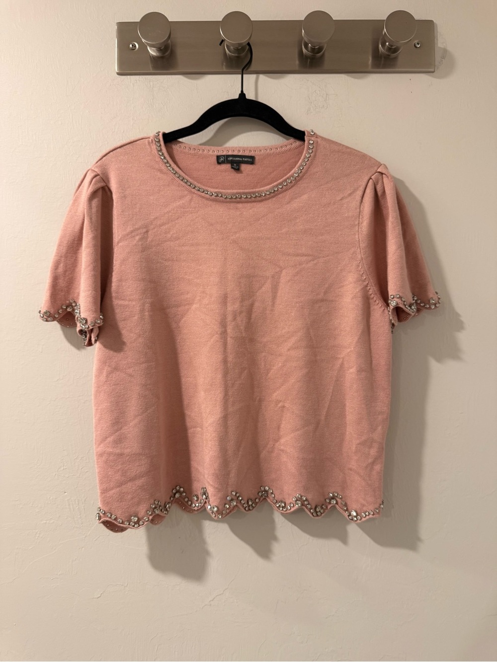 Adrianna Papell Pink Rhinestone Scallop Hem Short Sleeve Sweater M Holiday - Picture 2 of 10